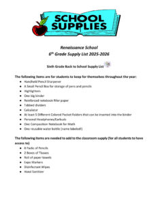 6th Grade School Supply List